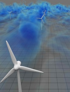 Simulated wind-farm turbulence: volume rendering of low-velocity  wake regions. Visualization courtesy of David Bock (NCSA, XSEDE, Extended Collaborative Support Services).